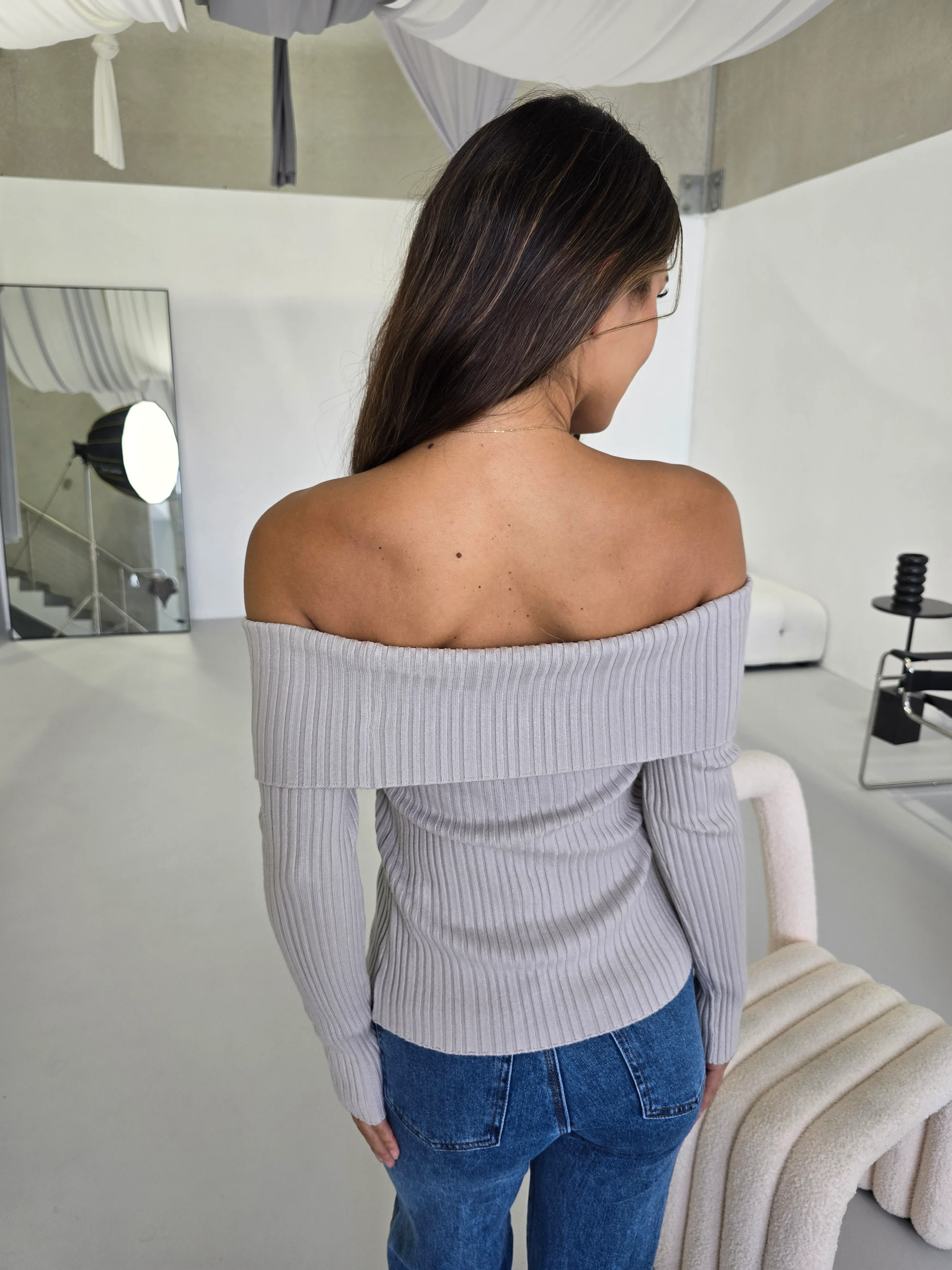 Elegant Off-Shoulder Ribbed Knit Top