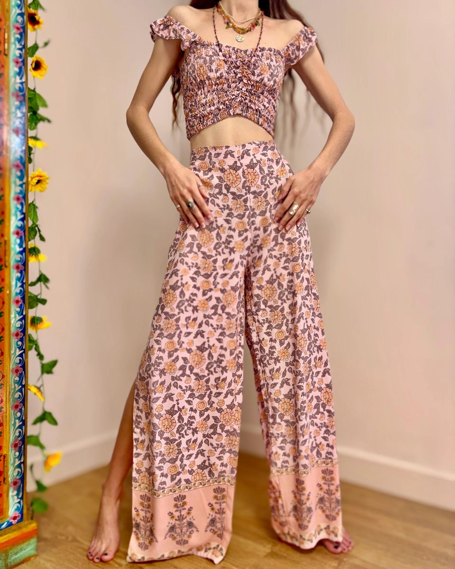 Floral Off-Shoulder Top And Wide-Leg Pants Set