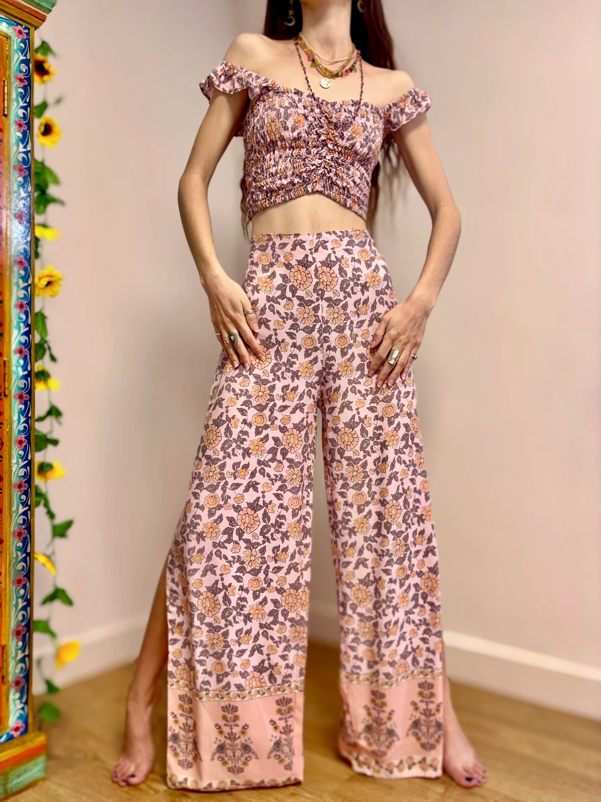 Floral Off-Shoulder Top And Wide-Leg Pants Set
